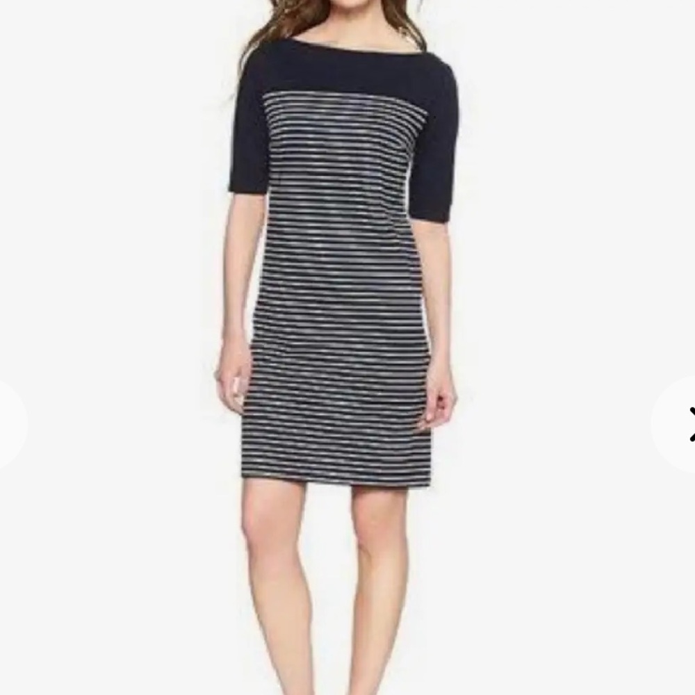 GAP Dress Med Stripe Shift Stretch Comfy Exposed Zipper Back Knee Blue White